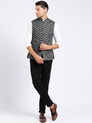 Grey printed blended cotton nehru-jacket 5