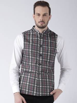 Grey printed blended cotton nehru-jacket 1