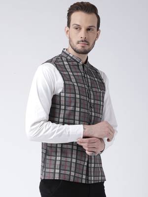 Grey printed blended cotton nehru-jacket 2