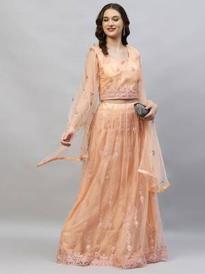 Angel Trends Orange Net Sequinned Semi Stitched Lehenga Choli with Dupatta 1