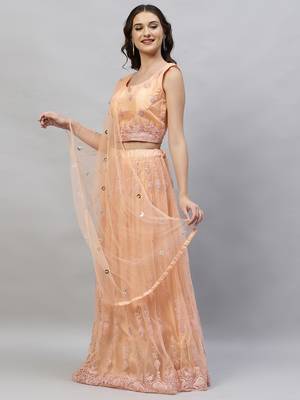 Angel Trends Orange Net Sequinned Semi Stitched Lehenga Choli with Dupatta 3