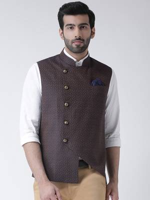 Blue printed blended cotton nehru-jacket 1