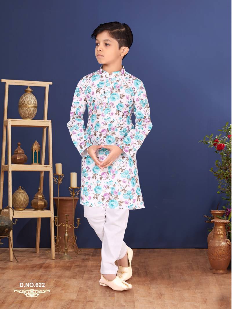 Boy's Off White Cotton Printed Kurta Churidar