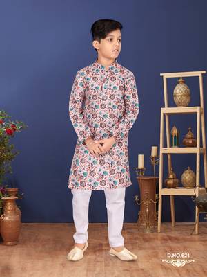 Boy's Light Pink Cotton Printed Kurta Churidar 7