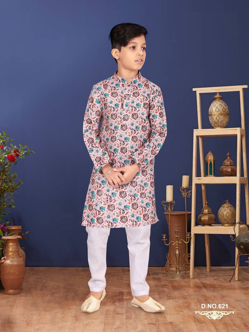 Boy's Light Pink Cotton Printed Kurta Churidar
