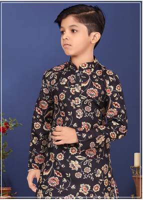 Boy's Black Cotton Printed Kurta Churidar 1