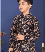 Boy's Black Cotton Printed Kurta Churidar