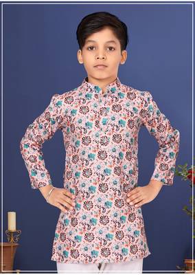 Boy's Light Pink Cotton Printed Kurta Churidar 1