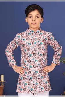 Boy's Light Pink Cotton Printed Kurta Churidar