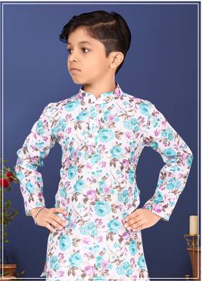 Boy's Off White Cotton Printed Kurta Churidar 1