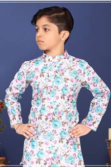 Boy's Off White Cotton Printed Kurta Churidar