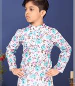 Boy's Off White Cotton Printed Kurta Churidar