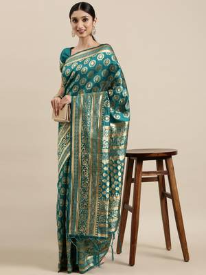 Green woven banarasi silk saree with blouse 1