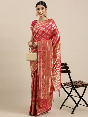 Pink woven banarasi silk saree with blouse 1