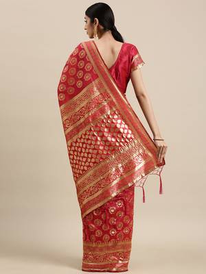 Pink woven banarasi silk saree with blouse 2