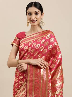 Pink woven banarasi silk saree with blouse 3