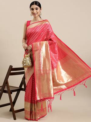 Pink woven banarasi silk saree with blouse 1
