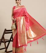 Pink woven banarasi silk saree with blouse