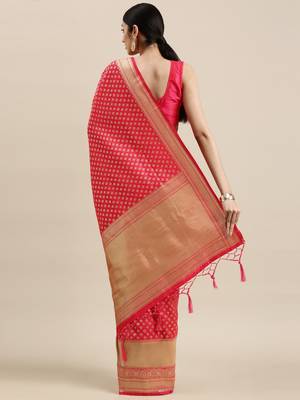 Pink woven banarasi silk saree with blouse 2