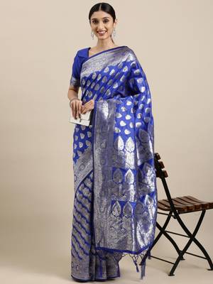 Blue woven banarasi silk saree with blouse 1