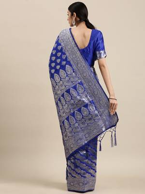 Blue woven banarasi silk saree with blouse 2