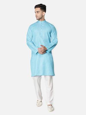 Hand Embroidered Lucknawi Chikankari Blue Cotton Kurta For Men's 1