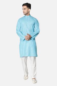 Hand Embroidered Lucknawi Chikankari Blue Cotton Kurta For Men's