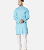 Hand Embroidered Lucknawi Chikankari Blue Cotton Kurta For Men's