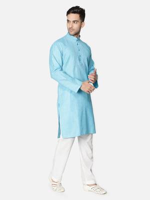 Hand Embroidered Lucknawi Chikankari Blue Cotton Kurta For Men's 3