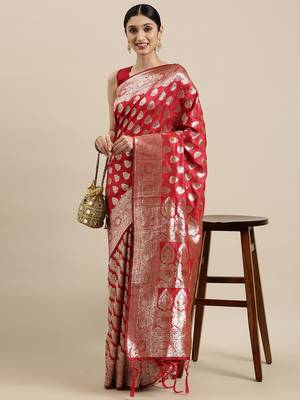 Red woven banarasi silk saree with blouse 1