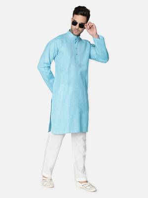 Hand Embroidered Lucknawi Chikankari Blue Cotton Kurta For Men's 4