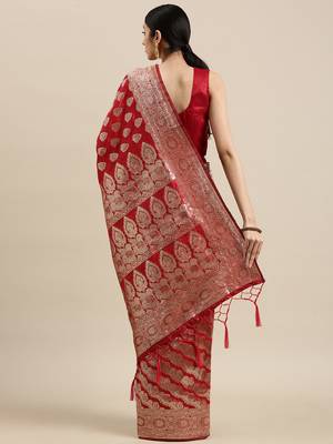 Red woven banarasi silk saree with blouse 2