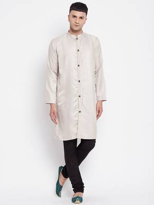 Beige plain pure viscose rayon men-kurtas 1