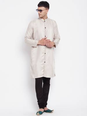 Beige plain pure viscose rayon men-kurtas 2