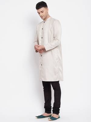 Beige plain pure viscose rayon men-kurtas 3