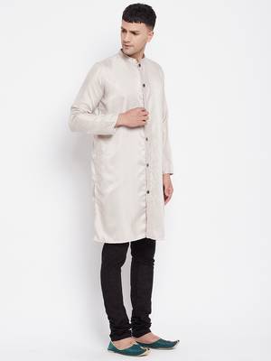 Beige plain pure viscose rayon men-kurtas 4