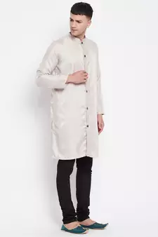 Beige plain pure viscose rayon men-kurtas