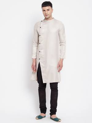 Beige plain pure viscose rayon men-kurtas 1