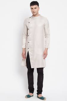 Beige plain pure viscose rayon men-kurtas