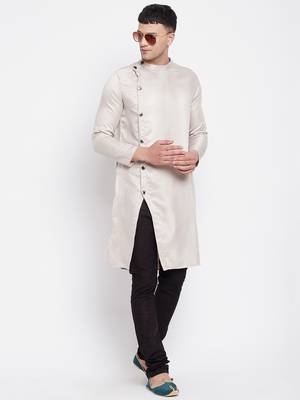 Beige plain pure viscose rayon men-kurtas 2