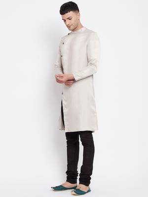 Beige plain pure viscose rayon men-kurtas 3