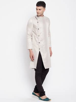 Beige plain pure viscose rayon men-kurtas 4