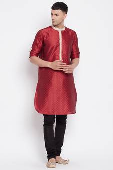 Red plain dupion silk men-kurtas