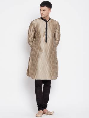 Beige plain dupion silk men-kurtas 1