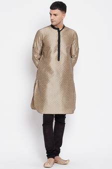 Beige plain dupion silk men-kurtas