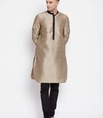 Beige plain dupion silk men-kurtas
