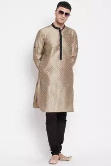 Beige plain dupion silk men-kurtas