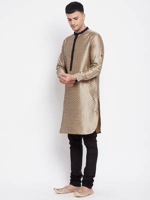 Beige plain dupion silk men-kurtas 3