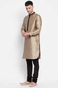 Beige plain dupion silk men-kurtas