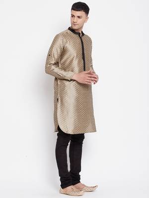 Beige plain dupion silk men-kurtas 4